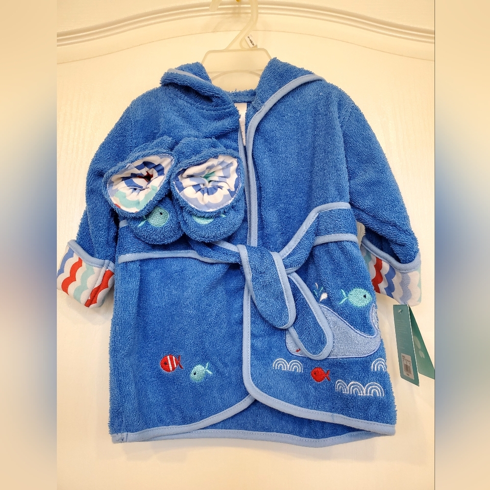 Kids Blue Fish Terry Hooded Bathrobe and Slippers Set